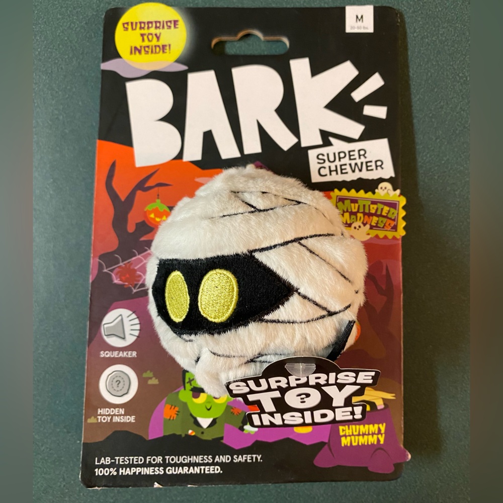 Bark Super Chewer Mummy Plush Toy - White and Black with Yellow Accents